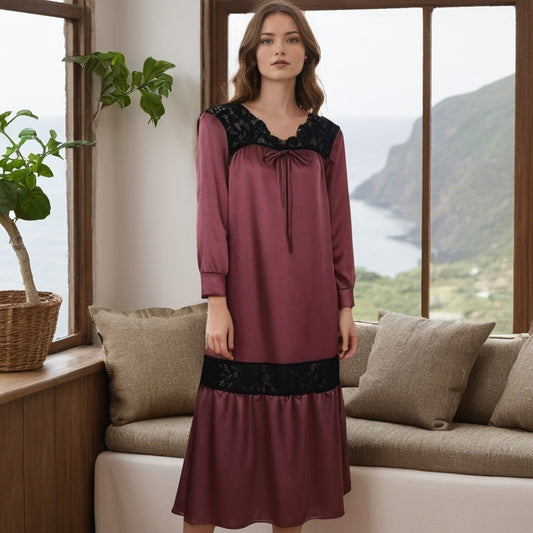 French casual pajamas women's spliced lace long-sleeved nightdress loose large size home nightdress