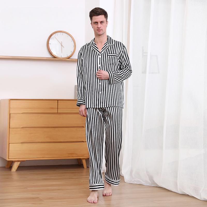 Men's heavy silk pajamas autumn and winter style 100% mulberry silk long-sleeved trousers suit striped high-end home clothes