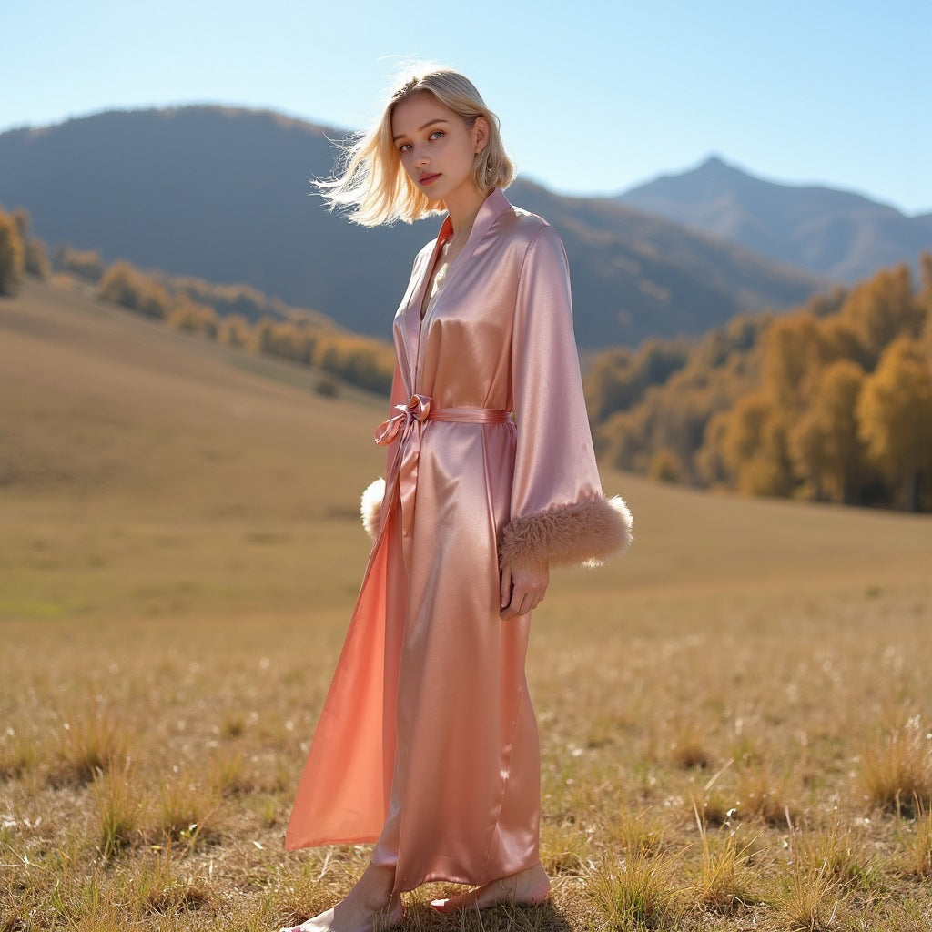 Long women's nightgown with mesh lace pajamas, loose belt style