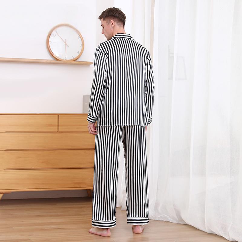 Men's heavy silk pajamas autumn and winter style 100% mulberry silk long-sleeved trousers suit striped high-end home clothes