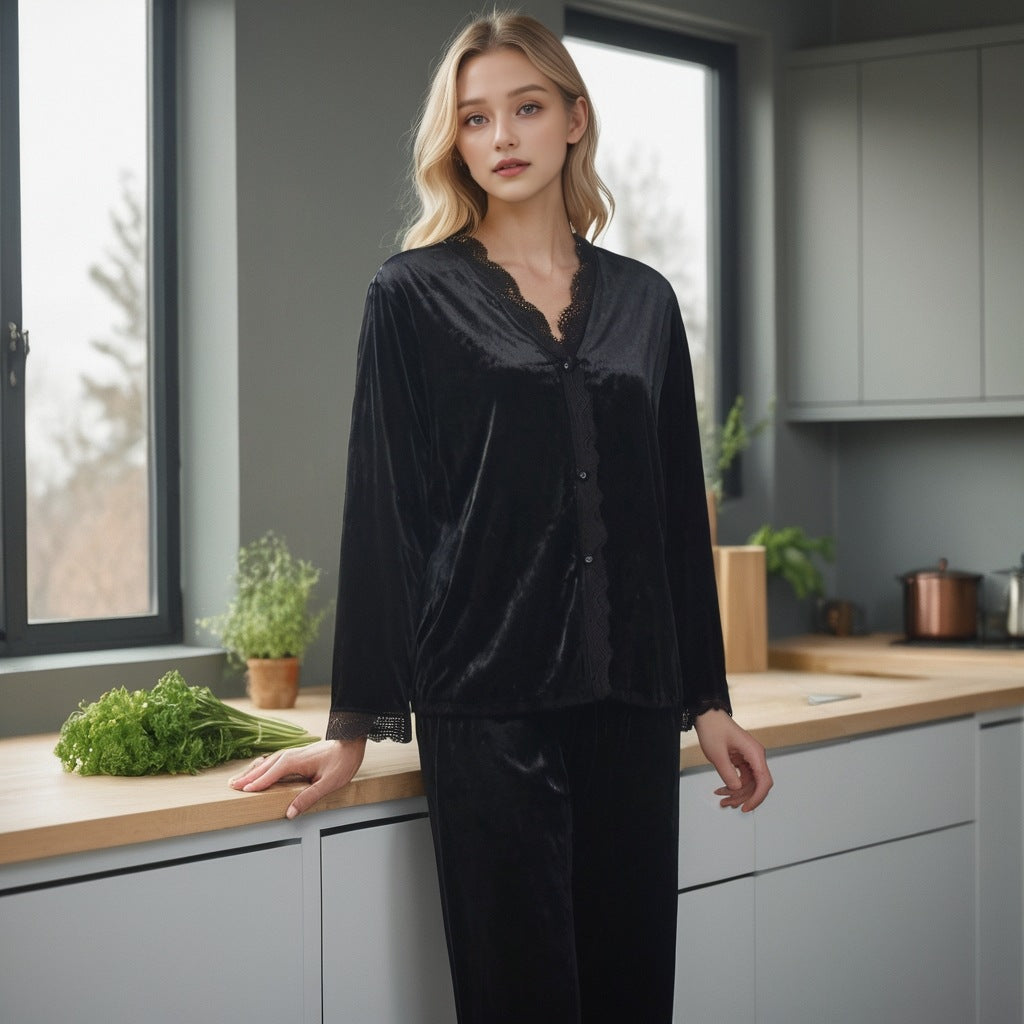 Spring and Autumn Women's Pajamas Gold Velvet Set Lace Home Clothes