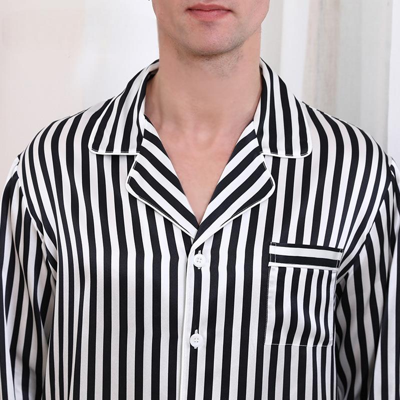 Men's heavy silk pajamas autumn and winter style 100% mulberry silk long-sleeved trousers suit striped high-end home clothes