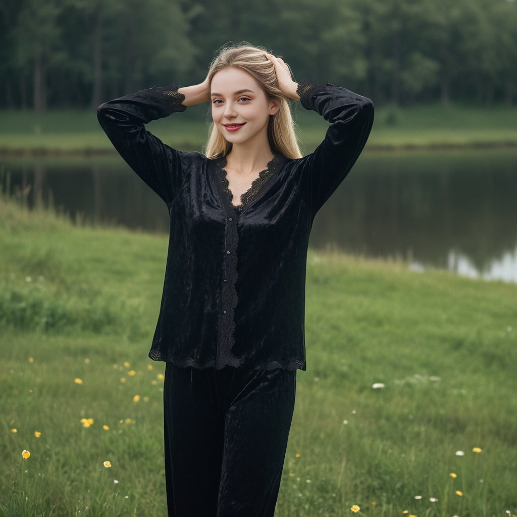 Spring and Autumn Women's Pajamas Gold Velvet Set Lace Home Clothes
