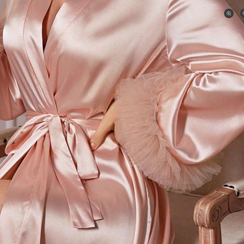 Women's satin long-sleeved nightdress with mesh lace pajamas
