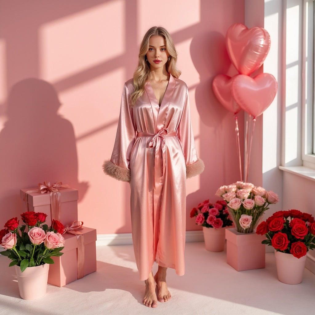 Women's satin long-sleeved nightdress with mesh lace pajamas