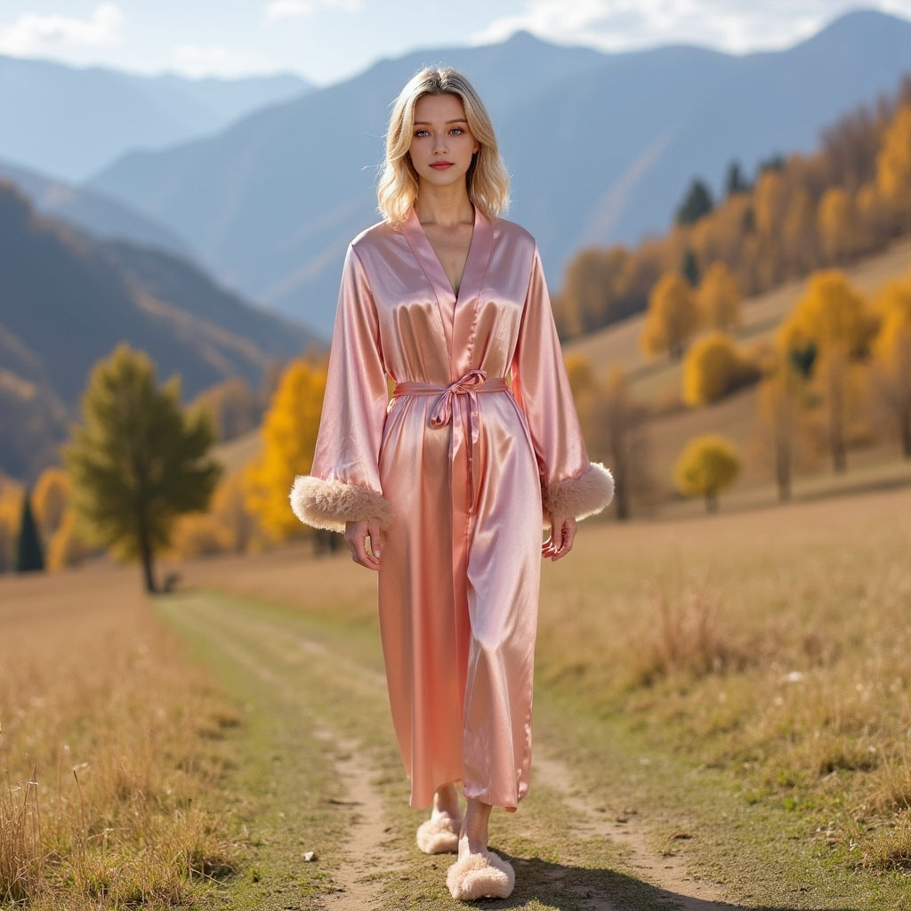 Long women's nightgown with mesh lace pajamas, loose belt style