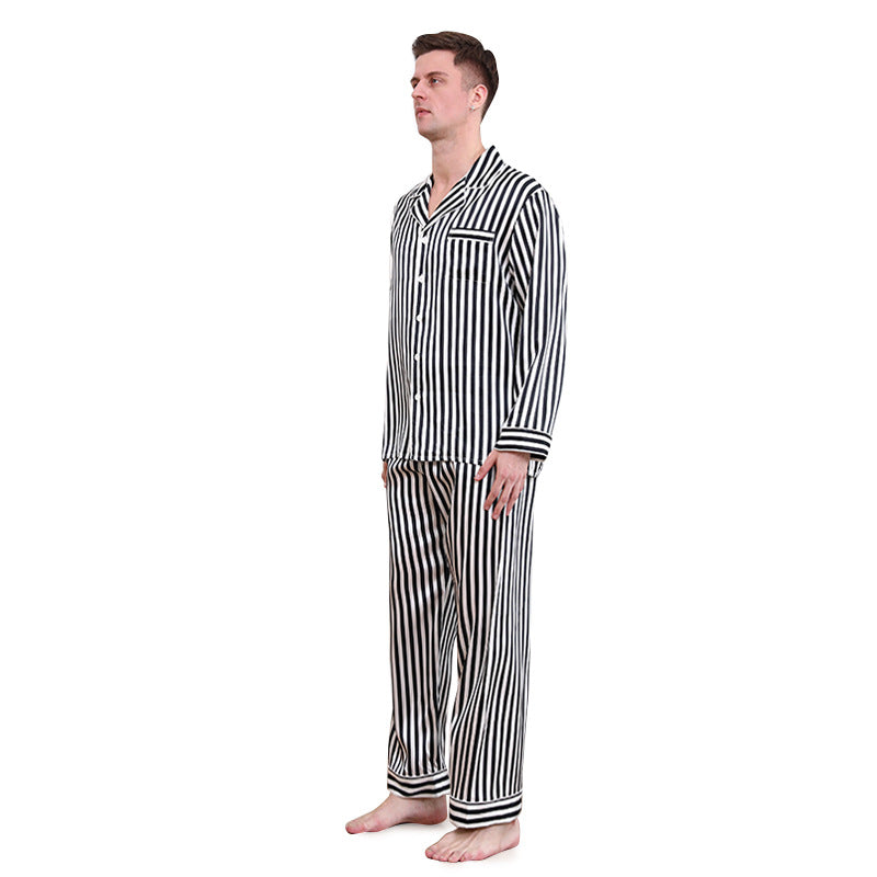 Men's heavy silk pajamas autumn and winter style 100% mulberry silk long-sleeved trousers suit striped high-end home clothes