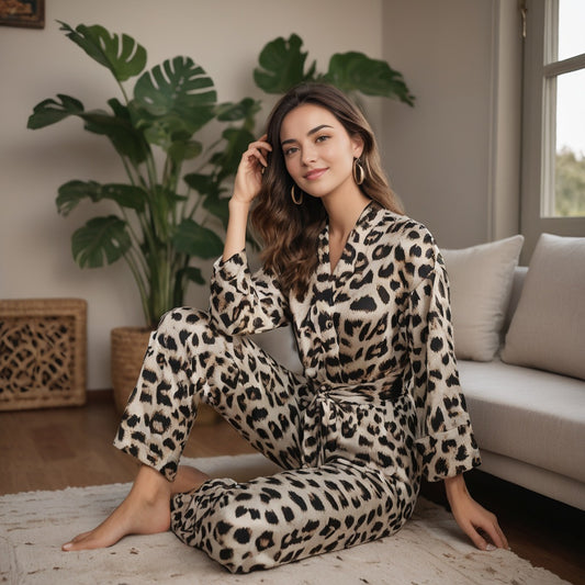 Simulated silk printed leopard print pajamas set autumn cardigan pajamas