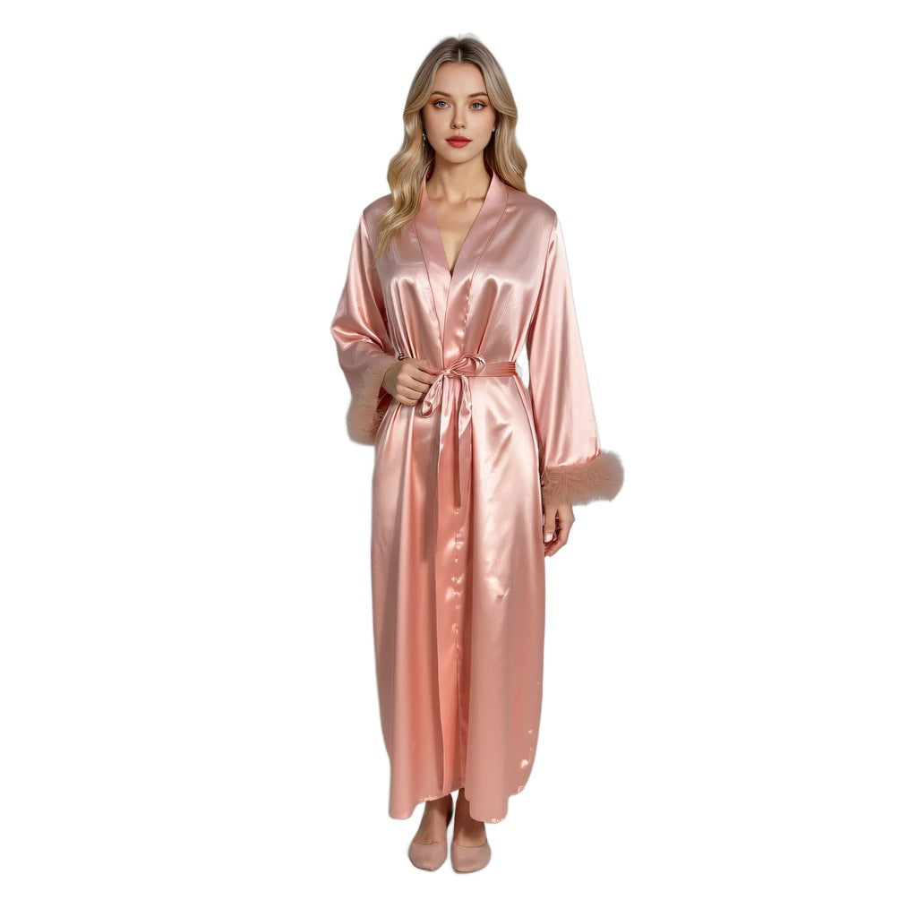 Women's satin long-sleeved nightdress with mesh lace pajamas