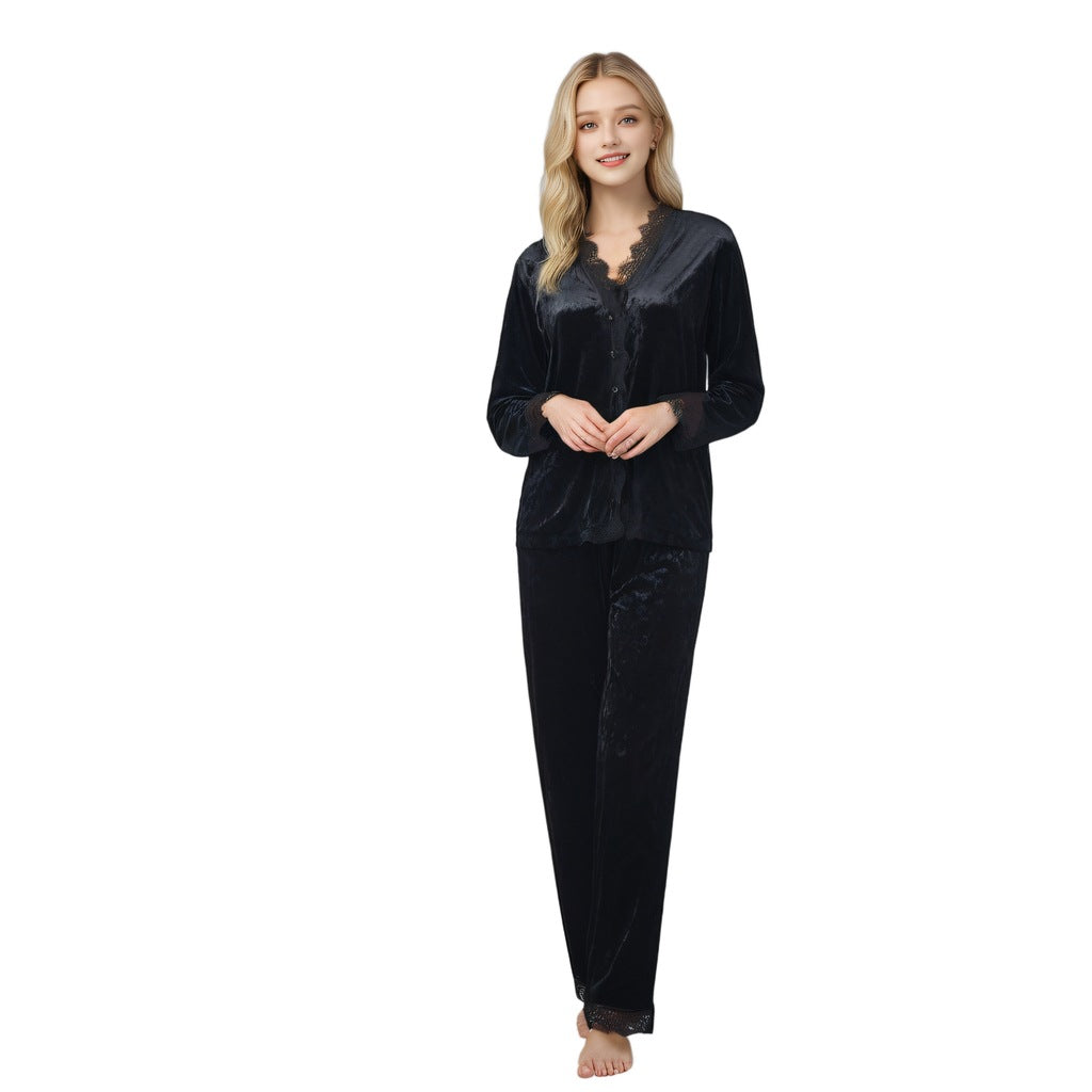 Spring and Autumn Women's Pajamas Gold Velvet Set Lace Home Clothes