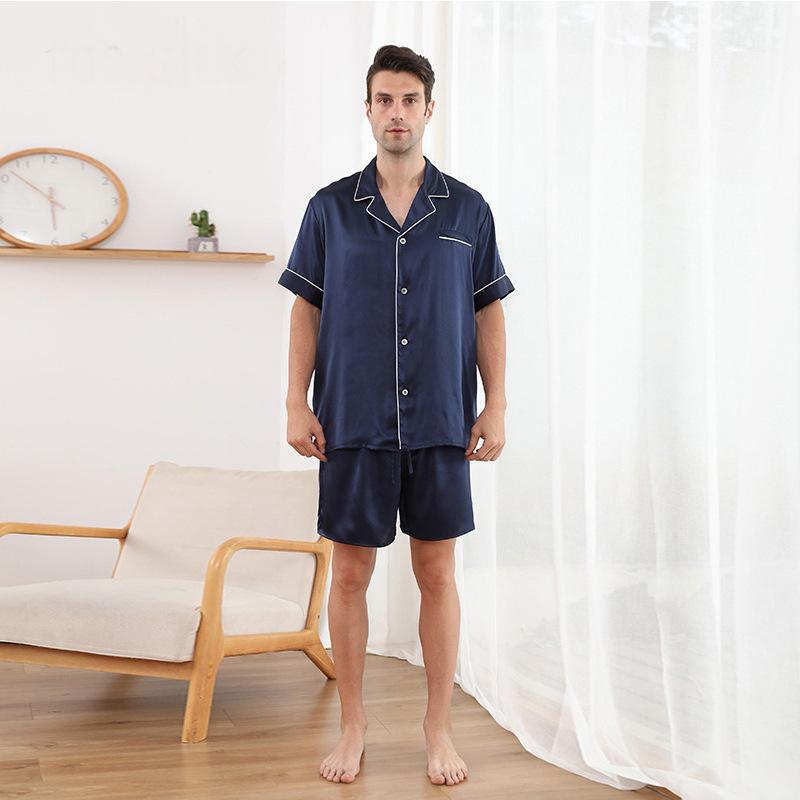 22 Momme Men's Heavy Silk Pajamas Summer 100% Mulberry Silk Short Sleeve Shorts Set Satin Silk Home Clothes