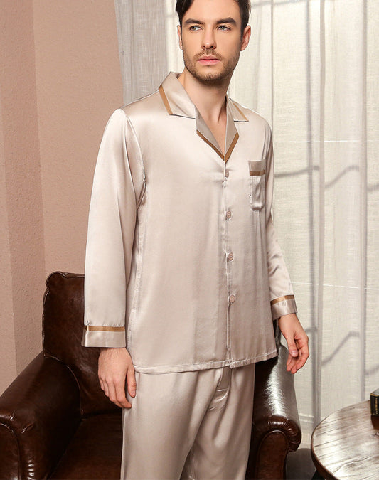 22 Momme heavy silk men's mulberry silk spring and autumn two-piece pajamas home clothes T9030