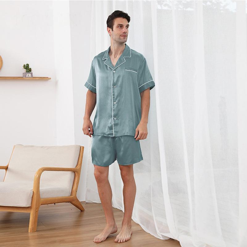 22 Momme Men's Heavy Silk Pajamas Summer 100% Mulberry Silk Short Sleeve Shorts Set Satin Silk Home Clothes