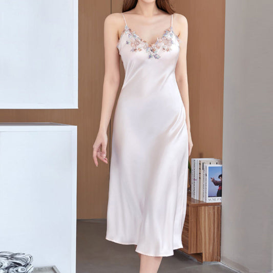 Embroidered sexy heavy silk nightgown women's long suspender nightdress multi-piece set morning robe mulberry silk home clothes pajamas