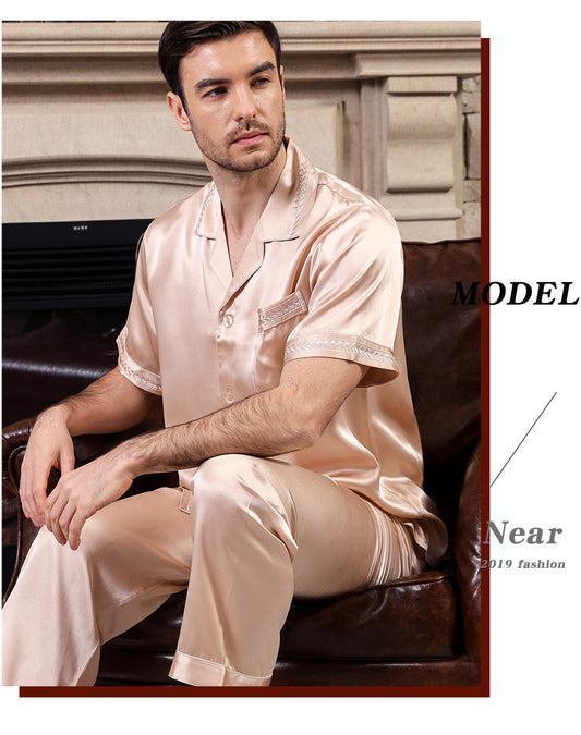 Silk pajamas men's short-sleeved suits spring and autumn new 100% mulberry silk home clothes large size T9033