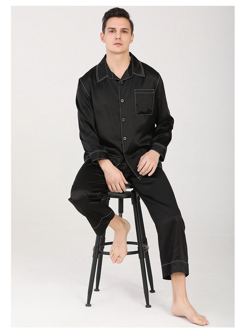 Heavy mulberry silk pajamas men's new long-sleeved trousers home clothes suit spring and autumn T9088